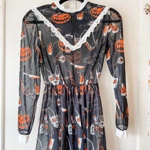 Halloween Goth Pumpkin Jack-O-Lantern Mesh Lace Dress